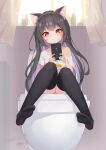  1girl absurdres animal_ear_fluff animal_ears bathroom black_hair black_legwear cat_ears cellphone commentary_request curtains dated full_body heart highres indoors long_hair naked_shirt no_shoes off_shoulder original phone red_eyes shebaotower shirt sitting smartphone soles thigh-highs toilet window zettai_ryouiki 