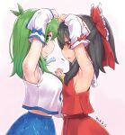  2girls :&lt; annoyed armpits blue_dress blue_skirt bow breasts brown_hair closed_mouth collared_shirt dated detached_sleeves dress envy eyebrows_visible_through_hair frilled_bow frills frog_hair_ornament green_eyes green_hair hair_bow hair_ornament hair_tubes hakurei_reimu hand_on_another&#039;s_hand hand_on_head highres interlocked_fingers japanese_clothes kei_jiei kochiya_sanae long_hair looking_at_another looking_at_viewer medium_breasts miko multiple_girls nontraditional_miko profile red_bow red_skirt ribbon-trimmed_sleeves ribbon_trim shirt sidelocks skirt sleeveless sleeveless_shirt smile snake_hair_ornament standing touhou white_background white_shirt yellow_neckwear 