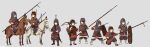  6+girls animal armor arrow_(projectile) black_hair blue_eyes brown_eyes brown_hair chinese_armor chinese_commentary fangdan_runiu full_armor hair_over_one_eye helmet highres holding holding_shield holding_spear holding_sword holding_weapon horse looking_at_viewer multiple_girls original polearm quiver red_eyes riding sandals sheath sheathed shield spear sword violet_eyes weapon white_legwear 