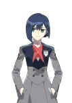  1girl bangs buttons closed_mouth collar commentary_request dark_blue_hair darling_in_the_franxx eyebrows_visible_through_hair green_eyes hair_between_eyes hands_in_pockets ichigo_(darling_in_the_franxx) inxst long_sleeves looking_to_the_side medium_hair military military_uniform short_hair simple_background solo standing uniform upper_body white_background 
