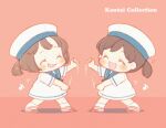  2girls blue_sailor_collar blush brown_hair chibi closed_eyes commentary_request daitou_(kancolle) dress full_body hat hiburi_(kancolle) high_ponytail kantai_collection motion_lines multiple_girls musical_note oomiya_yuu open_mouth pink_background sailor_collar sailor_dress sailor_hat school_uniform short_hair short_sleeves simple_background smile socks white_dress white_headwear white_legwear 