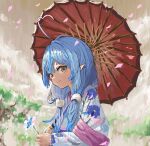  1girl absurdres ahoge elf flower from_side hair_ornament hairclip heart_hair highres holding holding_flower holding_umbrella hololive jaaku_taro japanese_clothes kimono looking_at_viewer petals pointy_ears smile solo tree twintails umbrella virtual_youtuber yellow_eyes yukata yukihana_lamy 