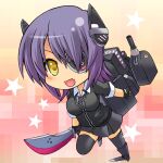  1girl black_gloves breasts cardigan checkered checkered_neckwear chibi eyepatch fang full_body gloves headgear kantai_collection large_breasts machinery miniskirt necktie nikubanare open_mouth partially_fingerless_gloves purple_hair school_uniform skin_fang skirt smile solo star_(symbol) sword tenryuu_(kancolle) thigh-highs turret weapon yellow_eyes 