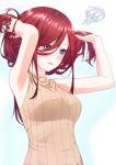  1girl armpits arms_up blue_background blue_eyes blush brown_sweater duplicate go-toubun_no_hanayome hair_between_eyes hands_in_hair highres holding holding_hair long_hair mole mole_on_armpit nakano_miku parted_lips redhead ribbed_sweater scribble shishamo_(masato_k) simple_background sleeveless_sweater solo sweater upper_body 