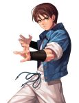  1boy bangs blue_jacket brown_eyes brown_hair commentary_request evilgun fighting_stance fingernails hair_between_eyes highres jacket looking_at_viewer male_focus open_clothes open_jacket pants parted_lips serious shiny shiny_hair shirt shirt_tucked_in short_hair sie_kensou simple_background solo standing the_king_of_fighters the_king_of_fighters_&#039;97 v-shaped_eyebrows white_background white_pants white_shirt wristband 
