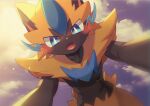  blue_eyes blush bright_pupils clouds commentary_request day fang from_below furry gen_7_pokemon looking_at_viewer mythical_pokemon nata_de_coco_(pankptomato) open_mouth pokemon pokemon_(creature) sky solo tongue yellow_fur zeraora 