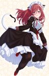  1girl animal_ear_fluff animal_ears apron bangs black_legwear blue_eyes blush cat_ears cat_tail dress floral_background frilled_dress frills gloves go-toubun_no_hanayome hair_between_eyes highres long_hair looking_at_viewer maid maid_apron maid_headdress mary_janes nakano_miku pantyhose parted_lips red_footwear redhead shishamo_(masato_k) shoes skirt_hold smile solo tail white_gloves 