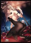  1girl animal_ears arm_up ass bangs black_footwear blurry blurry_background breasts bunny_tail closed_mouth cue_stick cup fake_animal_ears full_body high_heels highleg highleg_leotard highres holding indoors kneeling leotard light_brown_hair long_hair looking_at_viewer looking_back medium_breasts necomi night night_sky original pantyhose playboy_bunny pool_ball pool_table rabbit_ears red_eyes sideboob simple_background sky solo tail wrist_cuffs 
