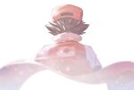  1boy baseball_cap blurry brown_hair commentary_request from_behind hat highres jacket male_focus odd_(hin_yari) poke_ball_print pokemon pokemon_(game) pokemon_rgby red_(pokemon) red_headwear short_sleeves simple_background solo spiky_hair white_background 