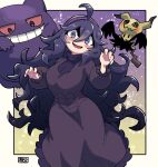  1girl :d @_@ ahoge blush breasts chichibu_(chichichibu) clenched_teeth colored_sclera dress gen_1_pokemon gen_7_pokemon gengar headband hex_maniac_(pokemon) highres large_breasts long_dress long_hair looking_at_viewer mimikyu night night_sky open_mouth pokemon pokemon_(creature) pokemon_(game) pokemon_xy purple_dress purple_hair purple_headband purple_sweater red_sclera ribbed_sweater sky smile sweater teeth violet_eyes 