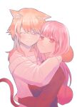  2girls :3 animal_ear_fluff animal_ears bangs beige_sweater blunt_bangs blush cat_ears cat_girl cat_tail chinese_commentary eyebrows_behind_hair gradient_hair green_hair highres hololive hololive_english hug kemonomimi_mode looking_at_viewer mori_calliope multicolored_hair multiple_girls off-shoulder_sweater off_shoulder one_eye_closed orange_hair pink_hair red_eyes red_sweater smile sweater tail takanashi_kiara v-shaped_eyebrows violet_eyes virtual_youtuber yuri zhong+in 