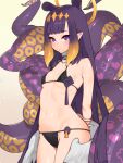  1girl bangs bikini black_bikini blunt_bangs blush breasts closed_mouth eyebrows_visible_through_hair gradient gradient_background halo highres hololive hololive_english long_hair looking_at_viewer navel ninomae_ina&#039;nis pointy_ears purple_hair small_breasts solo swimsuit tentacles violet_eyes virtual_youtuber waterring yellow_background 