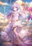  1girl alternate_costume angel angel_beats! angel_wings barefoot blue_sky clouds column commentary_request dress full_body goto_p long_hair looking_at_viewer pillar silver_hair sky solo tachibana_kanade tiara wand white_dress white_wings wings yellow_eyes 