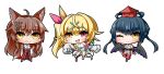  3girls animal_ears blonde_hair bow brown_hair butterfly_hair_ornament chibi denim denim_shorts double_v fox_ears fumi_(nijisanji) hair_bow hair_ornament hairclip hakama heterochromia highres hoshikawa_sara jacket japanese_clothes komora_(huran0729) looking_at_viewer midriff miko multiple_girls navel nijisanji one_eye_closed open_mouth pink_eyes shirt short_shorts shorts side_ponytail sleeves_past_fingers sleeves_past_wrists tied_shirt v virtual_youtuber white_jacket wings yamagami_karuta yellow_eyes 