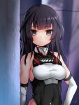  1girl agatsuma_kaede alice_gear_aegis bangs bare_shoulders black_eyes blunt_bangs blush closed_mouth commentary_request covered_navel doyouwantto elbow_gloves gloves leotard long_hair looking_at_viewer signature solo white_gloves 