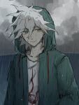  1boy bangs brown_eyes closed_mouth clouds cloudy_sky collarbone commentary_request dangan_ronpa_(series) dangan_ronpa_2:_goodbye_despair green_jacket grey_shirt hair_between_eyes highres hood hood_up jacket komaeda_nagito long_sleeves looking_at_viewer male_focus messy_hair open_clothes open_jacket print_shirt rain shirt sky solo suangasua upper_body wet wet_clothes wet_hair 