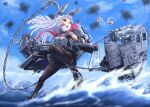  1girl anchor bangs black_legwear blue_sky breasts cannon casing_ejection chain clouds commentary_request day dress from_below gloves hair_ribbon headgear kantai_collection legs long_hair machinery murakumo_(kancolle) necktie ocean open_mouth orange_eyes outdoors pantyhose red_neckwear remodel_(kantai_collection) ribbon rigging sailor_dress shell_casing sidelocks silver_hair sky smoke solo standing standing_on_liquid thighband_pantyhose tress_ribbon turret waves weapon zombie_mogura 