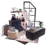  1girl ankle_ribbon azur_lane bangs barefoot basket black_shorts book breasts cabinet character_name coffee_maker_(object) coffee_pot computer copyright_name cup earphones headphones highres holding holding_cup indoors kirov_(azur_lane) kirov_(blend_r)_(azur_lane) laptop large_breasts long_hair long_sleeves looking_at_viewer manjuu_(azur_lane) mug off_shoulder official_alternate_costume official_art parted_lips ponytail ribbon shirt short_shorts shorts sideboob smile solo standing swept_bangs transparent_background very_long_hair white_hair white_shirt yellow_eyes 