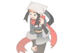  1girl black_hair cropped_legs female_protagonist_(pokemon_legends:_arceus) head_scarf highres holding holding_poke_ball open_mouth poke_ball poke_ball_(legends) pokemon pokemon_(game) pokemon_legends:_arceus ponytail red_scarf scarf simple_background smile standing temmie_chang white_background 