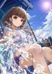  1girl :d absurdres bangs black_bra blue_ribbon blue_skirt blue_sky blunt_bangs blush bra breasts brown_hair commentary_request day dutch_angle eyebrows_visible_through_hair feet_out_of_frame grin hair_ribbon highres holding_hose idolmaster idolmaster_cinderella_girls kamiya_nao long_hair low_twintails medium_breasts miniskirt open_mouth outdoors rainbow ribbon see-through shino_sto shirt short_sleeves sitting skirt sky smile solo splashing sun teeth thick_eyebrows tied_shirt twintails underwear water wet wet_clothes wet_shirt white_shirt 