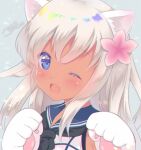  1girl animal_ears black_neckwear blonde_hair blue_eyes blue_sailor_collar cat_day cat_ears crop_top fang flower gloves hair_flower hair_ornament kantai_collection long_hair looking_at_viewer neckerchief one_eye_closed open_mouth paw_gloves paws ro-500_(kancolle) sailor_collar school_uniform serafuku signature skin_fang sleeveless smile solo tan tsukimochikuriko_(tsukimochi_k) upper_body 