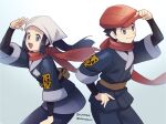 1boy 1girl :d artist_name black_hair closed_mouth commentary_request eyelashes female_protagonist_(pokemon_legends:_arceus) floating_hair floating_scarf galaxy_expedition_team_survey_corps_uniform grey_eyes hand_on_headwear hand_on_hip hat highres long_hair male_protagonist_(pokemon_legends:_arceus) momoji_(lobolobo2010) open_mouth pants pokemon pokemon_(game) pokemon_legends:_arceus red_headwear red_scarf scarf short_hair short_sleeves sidelocks smile tongue undershirt 