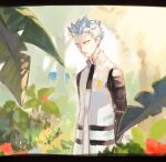  1boy arms_behind_back closed_mouth coat cyrus_(pokemon) day flower foliage grey_hair leaf looking_at_viewer male_focus outdoors p-40_(tukinosita-de) pokemon pokemon_(game) pokemon_dppt red_flower solo spiky_hair team_galactic tree 