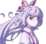  1girl absurdres bangs bow closed_mouth collared_shirt eyebrows_behind_hair floating_hair from_side fujiwara_no_mokou grey_hair hair_bow highres kame_(kamepan44231) long_hair looking_at_viewer multicolored_bow red_bow red_eyes shirt simple_background solo suspenders touhou upper_body white_background white_bow white_shirt 