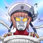  1girl artist_name bangs blunt_bangs clothes_writing commentary_request dated hat kantai_collection namesake parody redhead sailor_hat short_hair signature solo sweatdrop tentacles tk8d32 ultra_series ultraman_max ultraman_max_(series) white_headwear z3_max_schultz_(kancolle) 