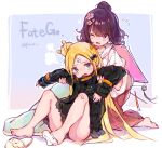  2girls abigail_williams_(fate) arm_grab artist_name bandaid bandaid_on_knee barefoot black_hair black_jacket blonde_hair blue_eyes blush bow commentary copyright_name english_commentary fangs fate/grand_order fate_(series) flower flying_sweatdrops grabbing grabbing_from_behind hair_bow hair_bun hair_flower hair_ornament heroic_spirit_traveling_outfit jacket katsushika_hokusai_(fate) kneeling multiple_girls one_eye_closed open_mouth paintbrush purrr signature sitting slippers violet_eyes wavy_mouth 