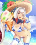  1girl beach breasts character_request clouds highres kaburagi_(pino) long_hair looking_at_viewer lord_of_vermilion open_mouth smile solo swimsuit thigh-highs 
