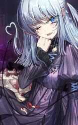  1girl ;p bangs blue_eyes blue_hair blush breasts cake cream cream_on_face demon_tail dress ear_piercing food food_on_face fork fruit heart highres holding holding_fork indian_style juliet_sleeves lace-trimmed_dress lace_trim long_hair long_sleeves looking_at_viewer messy one_eye_closed original piercing pleated_dress puffy_sleeves purple_dress sitting slit_pupils small_breasts strawberry tail thick_eyebrows tongue tongue_out two_side_up wattaro 