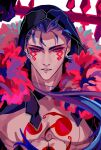  1boy blue_hair bodypaint closed_mouth cu_chulainn_(fate)_(all) cu_chulainn_alter_(fate/grand_order) dark_persona earrings epaya_hakase facepaint fang fate/grand_order fate_(series) floating_hair fur gae_bolg_(fate) highres holding holding_polearm holding_weapon hood hood_up jewelry long_hair looking_to_the_side male_focus muscular muscular_male polearm ponytail red_eyes shirtless solo spikes weapon 