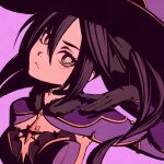  1girl black_choker black_gloves black_hair breasts capelet choker close-up genshin_impact gloves green_eyes hand_on_own_shoulder hat head_tilt looking_at_viewer mona_(genshin_impact) moshimoshibe purple_background small_breasts solo upper_body witch_hat 