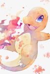  blue_eyes charmander claws commentary_request fangs fire gen_1_pokemon highres looking_at_viewer neejyu no_humans open_mouth pokemon pokemon_(creature) solo tongue white_background 