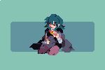  1girl animal animal_on_lap animated animated_gif arm_up bangs black_cape black_cat blue_background blue_eyes blue_hair brown_legwear byleth_(fire_emblem) byleth_eisner_(female) cape cat cat_on_lap closed_mouth commentary eyebrows_visible_through_hair fire_emblem fire_emblem:_three_houses hair_between_eyes hunter_russell laughing long_sleeves looking_down pixel_art simple_background sitting smile solo 