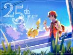  1boy anniversary backpack bag bangs baseball_cap brown_bag closed_mouth clouds commentary_request dated day framed from_below gen_1_pokemon glint grass hand_up hanenbo hat highres holding holding_strap jacket looking_at_object male_focus outdoors pikachu pokemon pokemon_(creature) pokemon_(game) pokemon_rgby red_(pokemon) short_sleeves signature sky smile 