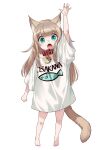 1girl 40hara :o animal_collar animal_ears animal_print aqua_eyes arm_up barefoot cat_ears cat_girl cat_tail character_name child collar fang fish_print flat_chest full_body highres kinako_(40hara) light_brown_hair long_hair naked_shirt name_tag off_shoulder open_mouth original outstretched_arm oversized_clothes oversized_shirt shirt simple_background tail white_shirt white_t-shirt