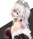  1girl absurdres animal_ear_fluff animal_ears bangs black_jacket breasts cowlick eyeshadow from_side fur_trim grey_eyes grey_hair hair_between_eyes head_tilt highres hololive jacket large_breasts lion_ears lion_girl makeup off_shoulder open_mouth red_eyeshadow shishiro_botan shoulders solo zenzi 