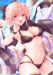  1girl absurdres ahoge bangs bare_shoulders bikini black_bikini black_gloves black_scarf bow breasts brown_eyes double_v elbow_gloves eyebrows_visible_through_hair fate/grand_order fate_(series) gloves hair_bow highres looking_at_viewer medium_breasts navel okita_souji_(fate)_(all) okita_souji_(swimsuit_assassin)_(fate) open_mouth pika_mouse scarf short_hair single_glove smile solo swimsuit v 