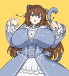  1girl :o animal_ears bangs blue_dress blue_eyes breasts brown_hair cat_ears cat_tail clenched_hands cosplay cowboy_shot dress eyebrows_visible_through_hair fujisaki_yua huge_breasts jisedai_youtuber_yua kiyama_satoshi looking_down mechanical_ears mechanical_tail nora_cat nora_cat_(cosplay) nora_cat_channel open_mouth paw_pose solo tail virtual_youtuber yellow_background 