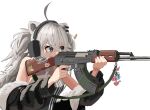  1girl absurdres aiming ak-47 animal_ear_fluff animal_ears assault_rifle bangs black_jacket daifuku_(yukihana_lamy) eyebrows_behind_hair fur_trim grey_eyes grey_hair gun headset highres holding holding_gun holding_weapon holofive hololive jaaku_taro jacket lion_ears mano_aloe momosuzu_nene off_shoulder omaru_polka rifle shishiro_botan solo sticker virtual_youtuber weapon white_background yukihana_lamy 