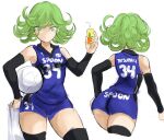  1girl ass ball bangs bare_shoulders black_legwear black_sleeves blue_shirt blue_shorts breasts character_name clothes_writing commentary contrapposto cowboy_shot detached_sleeves drinking_straw green_eyes green_hair hand_up highres holding multiple_views number one-punch_man rakeem_garcia-cueto shirt short_hair shorts sketch small_breasts sportswear standing tatsumaki thigh-highs volleyball volleyball_uniform 