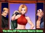  1girl 2boys bandana bangs bare_shoulders belt billy_kane black_hair black_jacket black_shirt blonde_hair blue_eyes blue_gloves blue_jacket blue_mary breasts collarbone commentary_request copyright_name evilgun fatal_fury fingerless_gloves gloves green_jacket grin hand_up holding holding_clothes holding_jacket jacket jacket_over_shoulder jacket_removed looking_at_viewer medium_breasts multicolored_hair multiple_boys muscular muscular_female open_clothes open_jacket parted_bangs parted_lips pectorals red_tank_top shiny shiny_clothes shiny_hair shirt short_hair sleeveless smile stomach tank_top teeth the_king_of_fighters the_king_of_fighters_&#039;97 toned toned_male tongue tongue_out turtleneck two-tone_hair upper_body upper_teeth yamazaki_ryuuji 