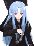  1girl artist_name black_bow black_capelet black_dress bow capelet dress eyelashes highres kava181 len_(tsukihime) light_blue_hair long_hair long_sleeves looking_at_viewer pointy_ears pom_pom_(clothes) red_eyes simple_background solo tsukihime white_background 