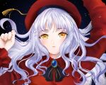  1girl arms_up bangs beret breasts brooch caren_hortensia caren_hortensia_(amor_caren) dress fate/grand_order fate_(series) hat jewelry long_hair long_sleeves looking_at_viewer medium_breasts neck_ribbon parted_lips red_dress red_headwear ribbon tsuribori wavy_hair white_hair yellow_eyes 