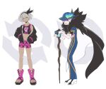  2girls adapted_costume alternate_costume bangs bea_(pokemon) black_cape black_hairband blue_headwear bow_hairband cane cape collarbone commentary_request dress eyeshadow grey_eyes grey_hair gym_leader hairband hat head_tilt holding holding_cane jacket knees makeup multiple_girls nail_polish navel old old_woman opal_(pokemon) open_clothes open_jacket orange_nails p-40_(tukinosita-de) pokemon pokemon_(game) pokemon_swsh print_dress purple_eyeshadow shoes short_hair short_sleeves standing toeless_footwear toes white_hair 