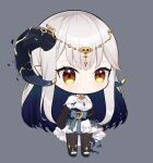  1girl azur_lane bangs black_gloves black_skirt brown_eyes chibi chinese_commentary ciyana cleavage_cutout clenched_hands clothing_cutout dress elbow_gloves eyebrows_visible_through_hair gloves grey_background horns indie_virtual_youtuber leggings light_blush parody pointy_ears silver_hair skirt smile solo style_parody virtual_youtuber white_dress xiaogu_ju 