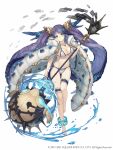  1girl absurdly_long_hair anklet aqua_eyes barefoot bikini breasts earrings eyebrows_visible_through_hair fins frills full_body fur_coat highres jewelry ji_no large_breasts long_hair looking_at_viewer mace necklace ningyo_hime_(sinoalice) official_art purple_hair sinoalice solo square_enix swimsuit swimsuit_under_clothes thigh_strap twintails very_long_hair water weapon white_background 