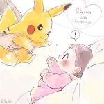  ! anniversary artist_name baby black_eyes blush brown_hair closed_mouth commentary_request eye_contact eyelashes gen_1_pokemon heart holding holding_pokemon jewelry long_sleeves looking_at_another outstretched_hand pikachu pokemon pokemon_(creature) ring sasaguchi smile spoken_exclamation_mark 